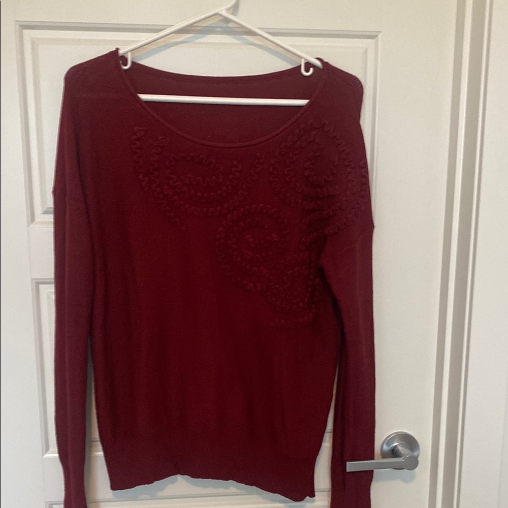 Anthropologie Chic Maroon Crew Neck knit Sweater embroidered